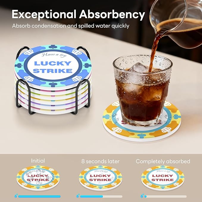 6-Piece Ceramic Coaster Set with Tray Diameter: 3.94 in Thickened Absorbent Material Heat-Resistant and Water-Absorbent Coaster Set Suitable for All Types of Cups， Lucky Alphabet
