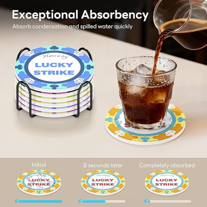 6-Piece Ceramic Coaster Set with Tray Diameter: 3.94 in Thickened Absorbent Material Heat-Resistant and Water-Absorbent Coaster Set Suitable for All Types of Cups， Lucky Alphabet