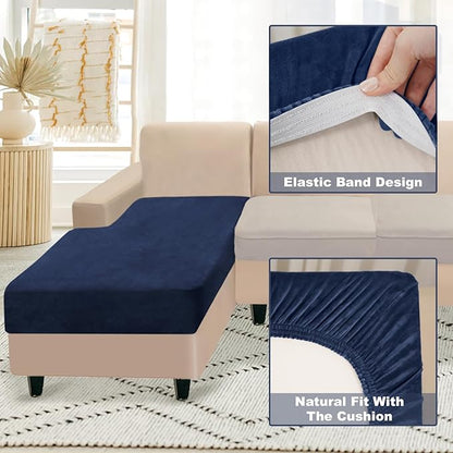 NAISI Sectional Couch Cover 1 Piece Velvet Separate Chaise Lounge Cover Soft Stretch Sofa Slipcovers for Left/Right Chaise Sectional Couch(Chaise Lounge,Navy)