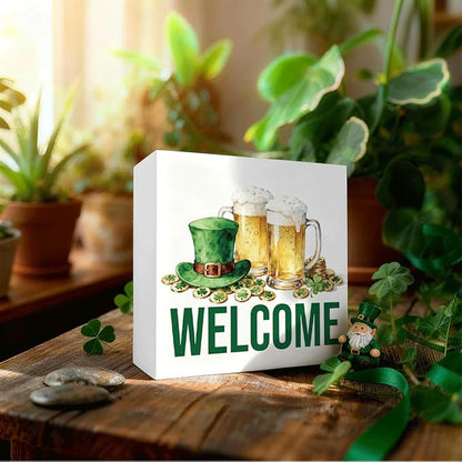 St. Patrick's Day Welcome Decor Wooden Box Sign, Irish Beer Hat Tabletop Welcome Sign for Home Bar Shelf Desk, Farmhouse Holiday Wooden Decor for Party Pub Irish Theme 5 x 5 Inches