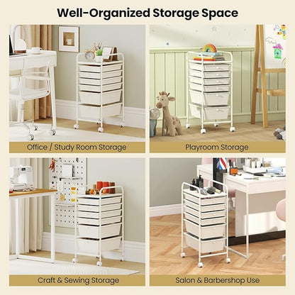 Giantex 6 Storage Drawer Cart Rolling Organizer Cart for Tools Scrapbook Paper Home Office School Multipurpose Mobile Utility Cart (Ivory)