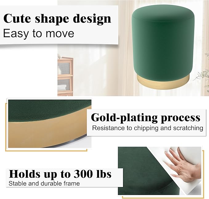 DAGONHIL Modern Round Velvet Ottoman,Upholstered Make-up Short Foot Stools with Gold Plating Base,Pack of 1,Green