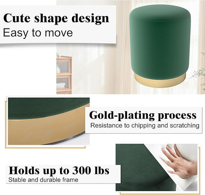 DAGONHIL Modern Round Velvet Ottoman,Upholstered Make-up Short Foot Stools with Gold Plating Base,Pack of 1,Green