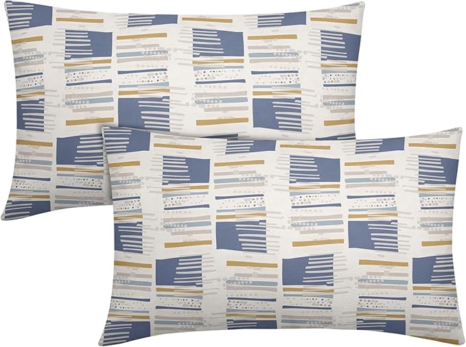 Blue Yellow Striped Lumbar Pillow Covers 12x20 Set of 2 Beige Pattern Neutral Decorative Outdoor Boho Pillowcases with Zipper Rustic Farmhouse Decorations Throw Cushion Cover Decor for Couch Sofa Bed