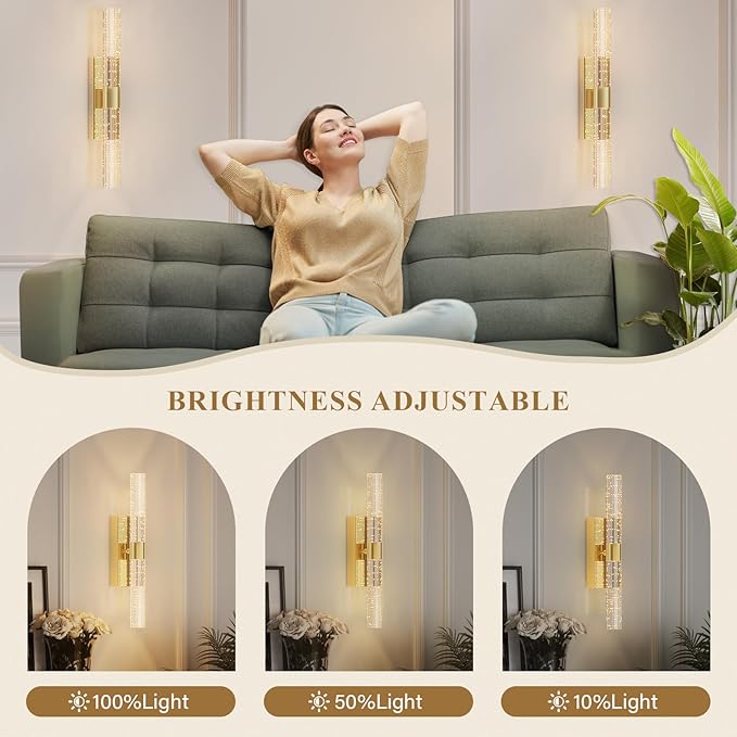 camuucci Battery Operated Gold Wall Sconces Set of 2 Rechargeable Battery Powered Wall Light with 18000mAh Not Hardwired Dimmable Wall Lamp Fixtures for Bedroom Living Room 20.9 Inches