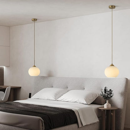 KCO Lighting Mid Century 1-Light Globe Pendant Light Industrial Vintage Brass Gold Pendant Lighting Fixture Kitchen Island Adjustable White Glass Hanging Ceiling Lights