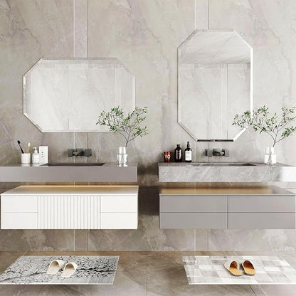 Chende 2PCS Large Bathroom Wall Mirror, 24" x 36" Modern Frameless Beveled Mirror with Beveled Edge, Octagonal, Unique Design, Vertical/Horizontal Hanging