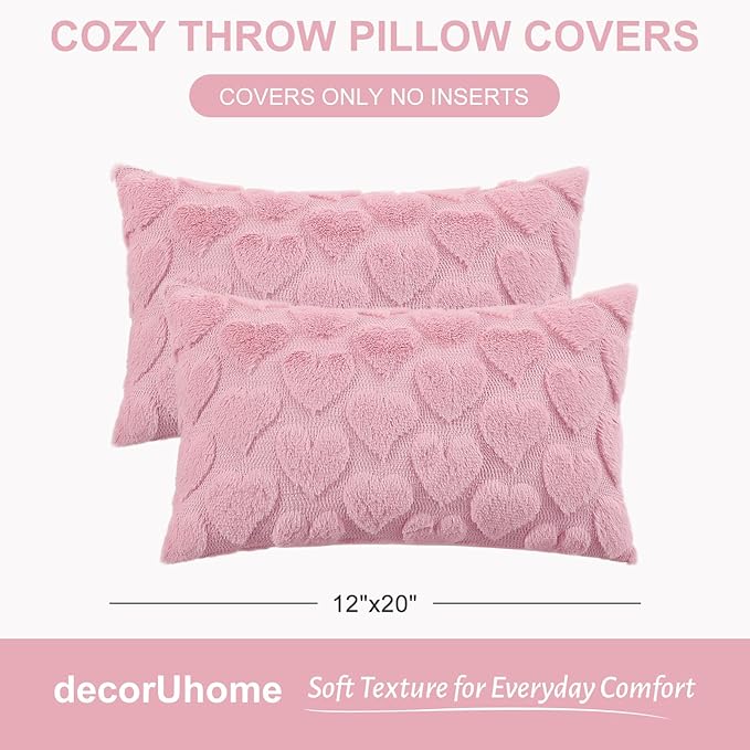 decorUhome Valentine’s Day Soft Plush Throw Pillow Covers 12x20 Inch Set of 2, Faux Fur Pink Heart Decoration Neutral Lumbar Pillow Covers for Couch Sofa Bed Cozy Farmhouse Holiday Decor