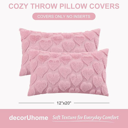 decorUhome Valentine’s Day Soft Plush Throw Pillow Covers 12x20 Inch Set of 2, Faux Fur Pink Heart Decoration Neutral Lumbar Pillow Covers for Couch Sofa Bed Cozy Farmhouse Holiday Decor