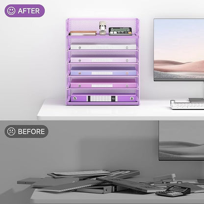 6 Tiers Letter Tray Paper Organizer with Handle, Mesh Desk File Organizer, Metal Desktop Document Shelf Organization, Paper Sorter Organizer for Office, Home or School File Folder Holder - Purple