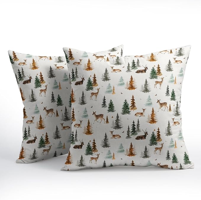 Watercolor Deer Spring Pillow Covers 24x24 Set of 2 Forest Tree Throw Pillow Covers Rustic Pillowcase Linen Decoration Farmhouse Soft Decorative Green Brown Cushion Case Couch for Indoor Home Decor