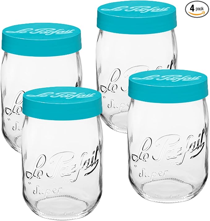 Le Parfait Screw Top Jar Wide Mouth French Glass Jar | Ideal for Food and Soup Storage, Canning, Flour, Brown Sugar, and other Baking Supplies (1L/32oz, Pack of 4, Teal)