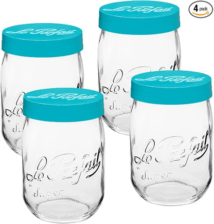 Le Parfait Screw Top Jar Wide Mouth French Glass Jar | Ideal for Food and Soup Storage, Canning, Flour, Brown Sugar, and other Baking Supplies (1L/32oz, Pack of 4, Teal)