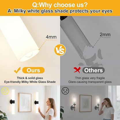 Wall Sconces Set of Two, Modern Bathroom Sconces Wall Lighting with Milky White Glass, Matte Black Sconces Wall Decor Set of 2 for Bathroom Mirror Bedroom Living Room Hallway