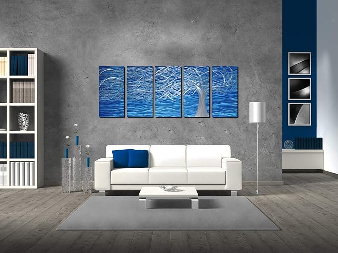 MyArton Unique Metal Wall Sculpture, Metal Wall Art with Tree Painting Design, Abstract Modern and Contemporary Décor, Aluminum Blue Artwork, Indoor and Outdoor decoration, 5 panels 64"Wx24"H