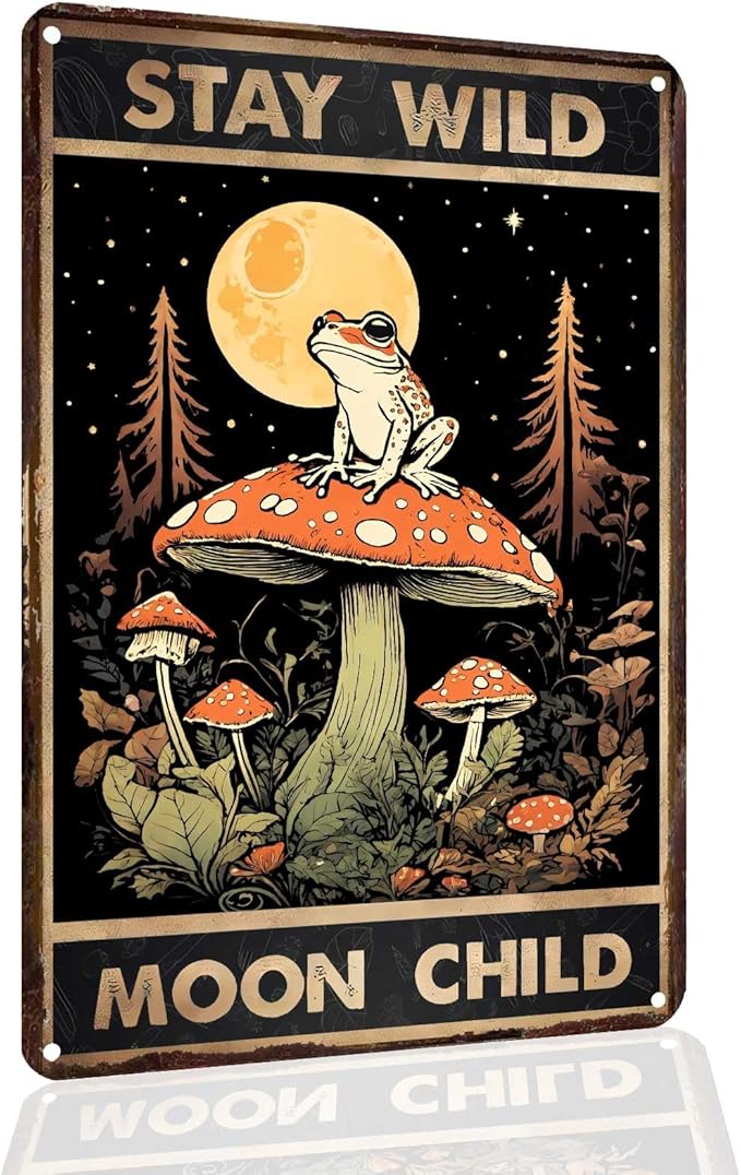 Funny Frog Mushroom Metal Sign, STAY WILD MOON CHILD Cottagecore Goblincore Wall Art, Vintage Tin Plaque for Bathroom Kitchen Bedroom, Whimsical Forest Decor, Mushroom Gifts - 8x12 Inches
