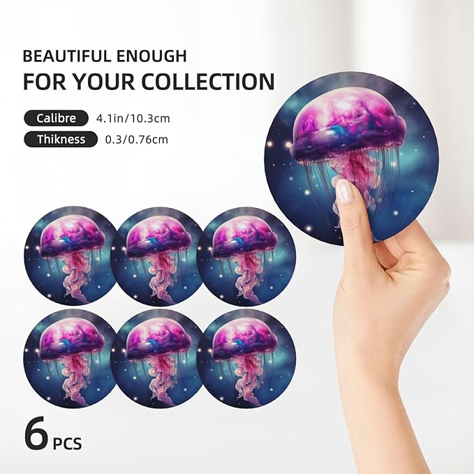 6 Pcs Ceramic Coasters with Holder Absorbent Drink Round Galaxy Gellyfish Design for Home Table Coffee Cup Wine Beer Bar,Size 4.4 inches