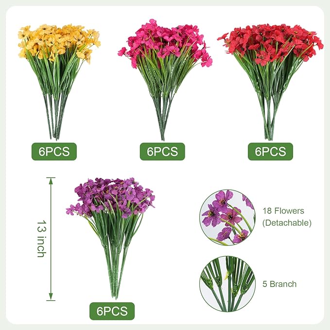 Artificial Flowers for Outdoor Faux Plants for Spring Summer Decoration, UV Resistant Realistic Silk Plastic Fake Flowers Garden Porch Patio Balcony Yard Front Home Decor, 24 Bundles