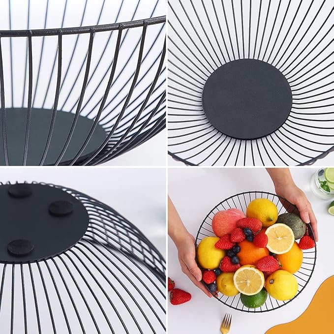 HOMQUEN Fruit Basket, Fruit Bowl, Metal Wire Fruit Basket for kitchen, Fruit Bowl for Kitchen Counter, Basket for Fruits, Vegetables, Breads, Snacks, Kitchen Gadgets (Round Short, Black)