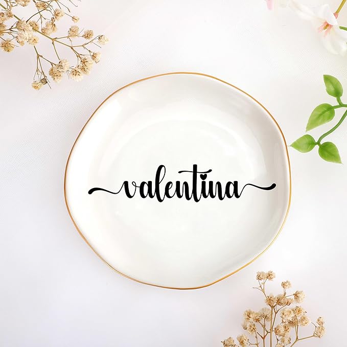 JoycuFF Valentina Personalized Name Ceramic Jewelry Tray, Mothers Day Christmas Anniversary Engagement Birthday Gifts for Women Couples, Trinket Dish for Rings Earrings Necklaces Bracelets Keys