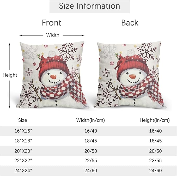 Christmas Pillow Covers 18x18 Set of 2 Red Snowman Throw Pillow Covers Winter Pillowcase Linen Decoration Farmhouse Bird Cozy Soft Cushion Case Couch for Indoor Outdoor Home Decor