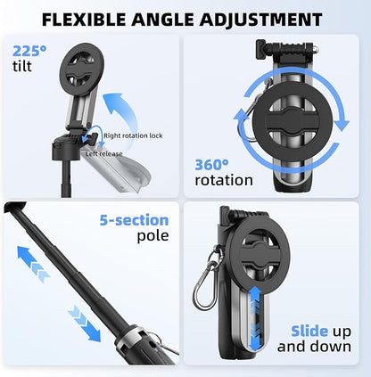 Magnetic Selfie Stick Mini Tripod for iPhone, Portable Pocket 4-in-1 Multifunctional 360° Rotation Phone Handle Grip Stand with Detachable Remote/Clip/Metal Ring for MagSafe/Android【4 Legs】