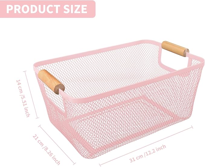 PTSGCAI 2Pack Metal Mesh Steel Basket with Bamboo Handle - Wire Metal Basket for Kitchen Organization, 12" Wide Food Organizer Bin, Perfect for Organizing Bulk Pantry (PINK)