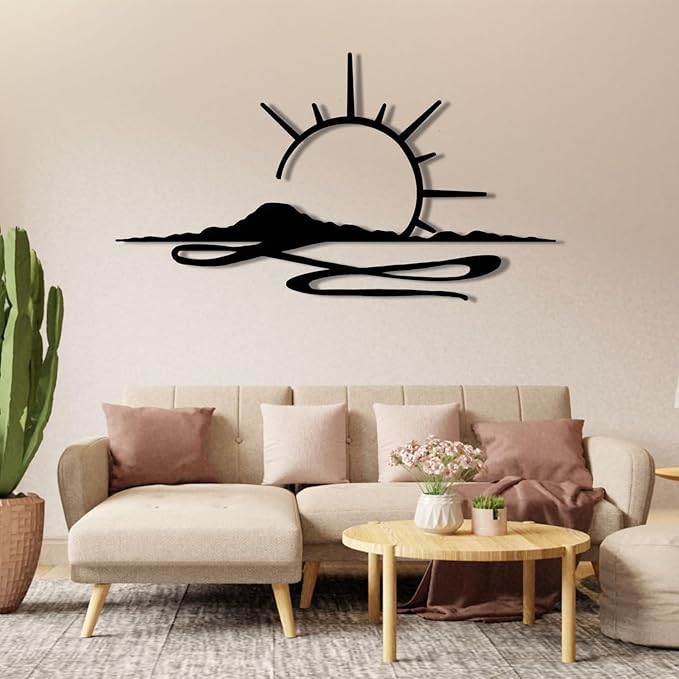 Metal Wall Art Sunrise, Metal Wall Art Sunset, Minimalist Line Art, Sunrise Or Sunset Decor For Living Room, Bedroom, Outdoor, Housewarming Gift (White, 59 x 34 inches / 150 x 85 cm, metal wall art)