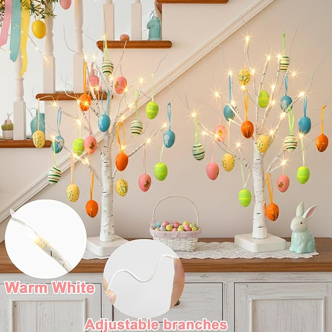 PEIDUO Easter Decorations, 24LT Easter Egg Tree for Home Decor, Lighted Tabletop Tree with 36 Multicolor Painted Eggs, Artificial Tree Decor for Spring Party Bedroom Classrooms (2PK)