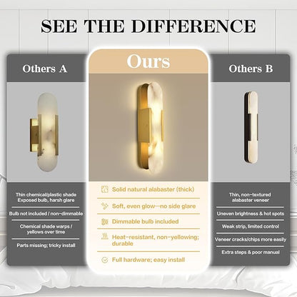 Set of 2, 19.7" Brass Alabaster Wall Sconces, Hardwired Indoor Lights, Natural Alabaster Stone Shade, Modern Oval Vanity Lighting for Bedroom, Bathroom, Hallway, Stairs