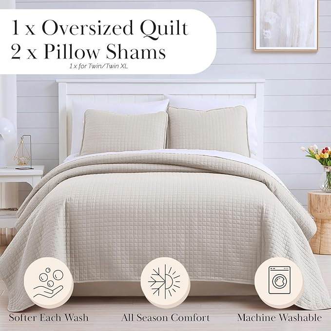Southshore Fine Living, Inc. Full/Queen Quilt Bedding Set, Microfiber Quilts Queen Size, Coverlet, Stain & Pet Hair Resistant Bedding, Full Size Bedspread with 2 Pillow Shams, Bone