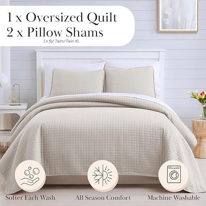 Southshore Fine Living, Inc. Twin Quilt Bedding Set, Soft Brushed Microfiber XL Twin Bedspread Coverlet, Stain & Pet Hair Resistant Bedding, XL Bedspread with Matching Pillow Sham, Bone