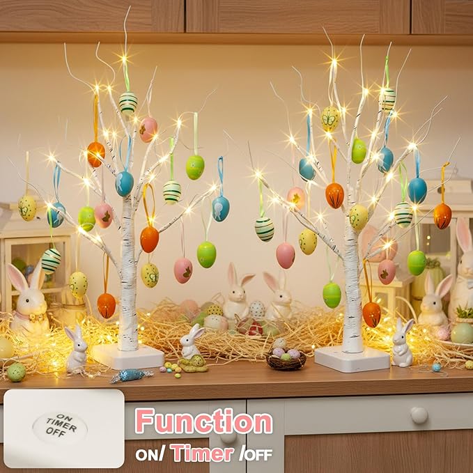 PEIDUO Easter Decorations, 24LT Easter Egg Tree for Home Decor, Lighted Tabletop Tree with 36 Multicolor Painted Eggs, Artificial Tree Decor for Spring Party Bedroom Classrooms (2PK)