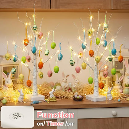 PEIDUO Easter Decorations, 24LT Easter Egg Tree for Home Decor, Lighted Tabletop Tree with 36 Multicolor Painted Eggs, Artificial Tree Decor for Spring Party Bedroom Classrooms (2PK)