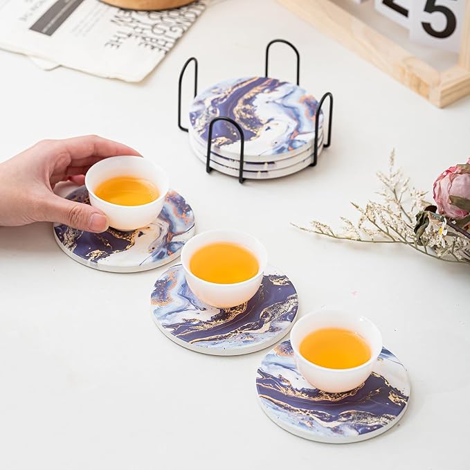 Ceramic Drink Coasters Set of 6 with Holder, Modern Marble Absorbent Ceramic Coasters, Round Ceramic Table Coasters for Home Decor Coffee Kitchen (4 Inches), Sea Blue
