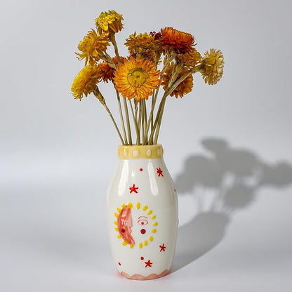Cute Boho Small Cream Ceramic Bud Vase, Sun and Moon Round Decorative Vase for Dried Flowers/Single Rose/Pampas Grass, Modern Table Vase for Entryway Dining Coffee Table, Unique Home Gift