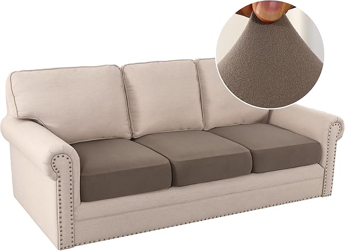 H.VERSAILTEX Fleece Couch Cushion Covers Stretch Couch Covers for 3 Cushion Sofa Thick and Soft Cushion Covers Washable (3 Piece Sofa Cushion Cover, Taupe)
