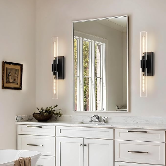 24.8" L Wall Sconces Set of 2, Black Wall Lights Fixtures Morden Cylinder Wall Light for Bathroom Vanity Light Indoor Wall Mounted Lamps for Living Room,Bedroom,Hallway