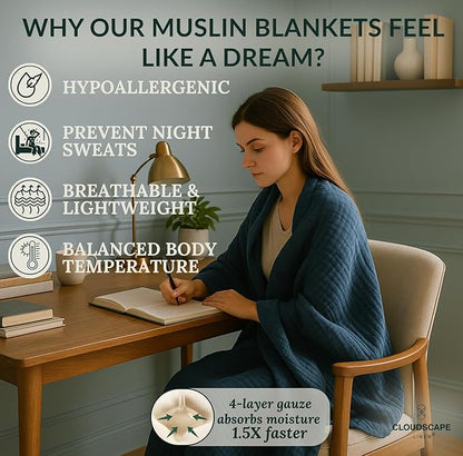 Luxury 100% Cotton Muslin Throw Blanket, 4 Layer Extra Large 50x70in, Perfect for Couch, Sofa, Home Decor, Soft Cotton Gauze Travel Blanket, Winter Cozy Throw, All Season Ensign Blue