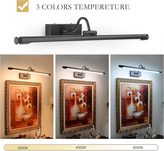 Black Wireless Picture Light, 23.6" Rechargeable LED Art Lamp with Remote, Dimmable Brightness, Timer & Adjustable Arm for Paintings, Mirrors, and Frames