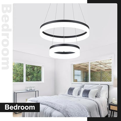 Buccleuch 2-Ring Modern LED Chandelier - Dimmable Black Round Pendant Light, Height Adjustable ETL-Certified Ceiling Light for Dining Room, Kitchen Island, Living Room, Bedroom, Foyer