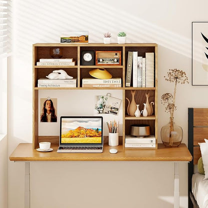 Tangkula Desktop Bookshelf, 37" Countertop Storage Hutch with 7 Cubes & 3 Adjustable Shelves, 3-Tier Desk Display Rack Organizer, Multipurpose Wood Desktop Hutch for Dorm Home Office (Natural)