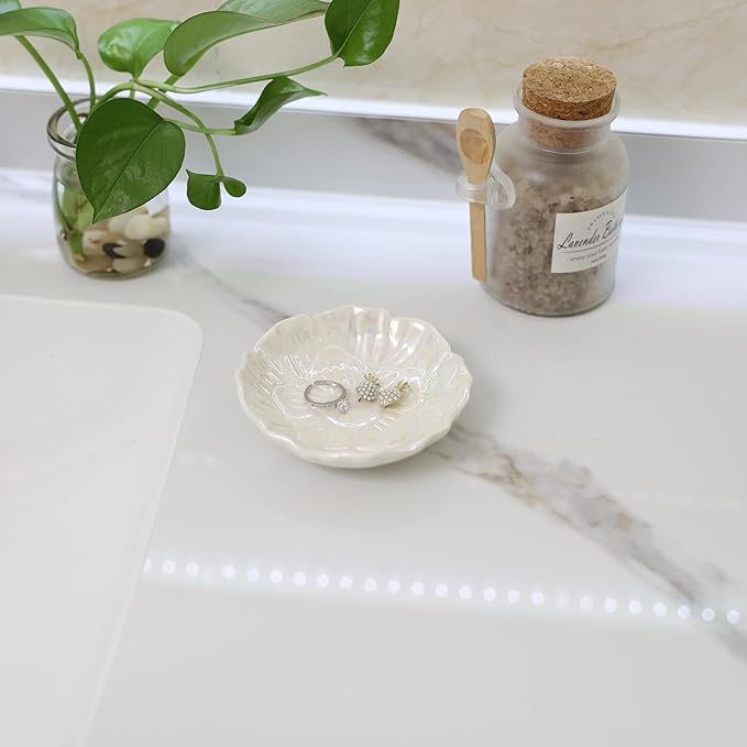 Flower Ring Dish Holder,Jewelry Dish Tray,Small Trinket Tray,Jewelry Plate Bowl,Key Bowl,Decorative Plate,Birtdhay Christmas Gifts for Women Friends,Ceramic Pearl White