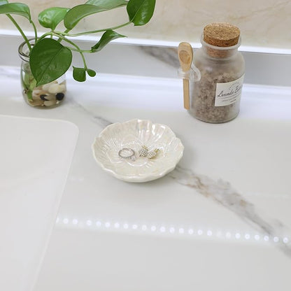 Flower Ring Dish Holder,Jewelry Dish Tray,Small Trinket Tray,Jewelry Plate Bowl,Key Bowl,Decorative Plate,Birtdhay Christmas Gifts for Women Friends,Ceramic Pearl White