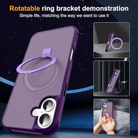 Compatible with iPhone 16 Case with Invisible Magnetic O-Ring Stand Military-Grade Translucent Case for iPhone 16 6.1" [Compatible with Mag-Safe][Great Grip Feeling], Purple