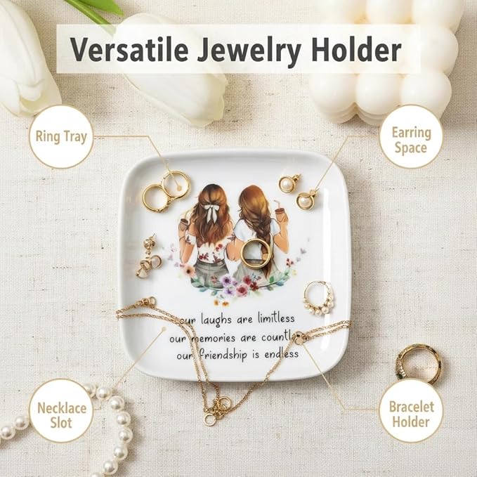 Crisky Best Friend Birthday Gifts for Women, Friendship Gifts for Women, Trinket Ring Dish Jewelry Tray for Friend Her Sisters Besties Long Distance Graduation Gift Ideas, Square