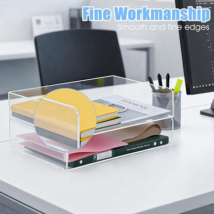 2 Pack Stackable Acrylic Paper Organizer Tray Clear Desk Letter Tray for Office A4 Size Clear Workspace Office Supplies Organizers Transparent Document Sorter
