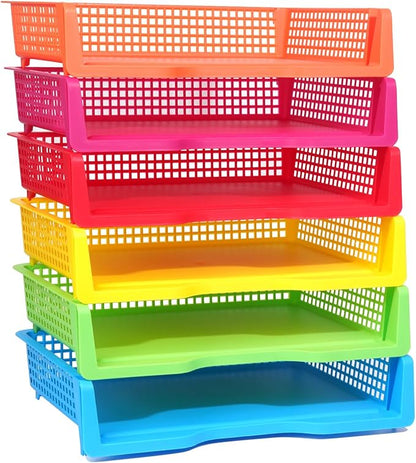 ZZYFGH 6 Pack in Trays for Teachers, Plastic Classroom Paper Organizers, Colorful Storage Baskets for Office, Stackable Office Desktop Document Paper Storage(13.4 * 9.5 * 2.7in)