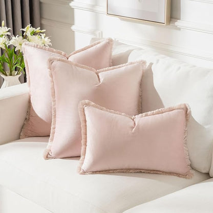 FUTEI Pink Velvet Decorative Throw Pillow Covers 16x16 Set of 2,Soft Cozy Edge with Tassels Cushion Case,Boho Modern Home Decor for Couch Bed Living Room