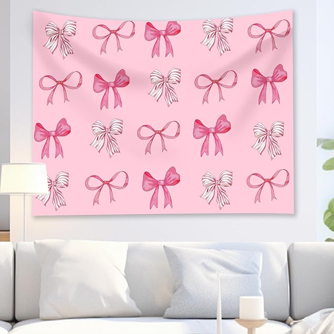Pink Bow Tapestry - Coquette Pink Bow Tapestries, Girly Aesthetic Wall Hanging, Wall Blanket Room Decor, Bow Knot Aesthetic Bedroom Decor for Teen Girls Room, Bedroom, Dorm, Apartment Decor - 50 x 60 Inches